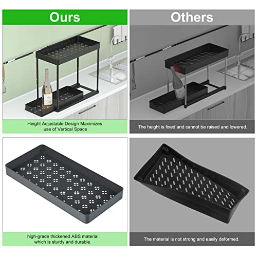Under Sink Shelf Kitchen Organiser 2-Tier Drawer Organiser Liftable Cabinet Organiser Kitchen with 4 Hooks, 8 Non-Slip Pads & 1 Hanging Cup Storage (2 Pack, Black) - view 5