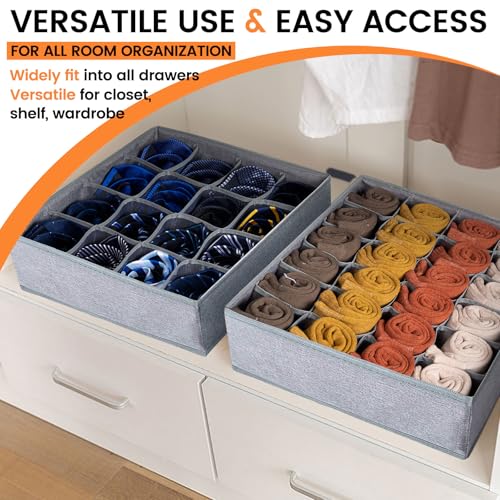 3 Pack Sock Underwear Drawer Organizer Dividers, 64 Cell Fabric Foldable Dresser Organizer for Closet Organizers and Storage Boxes for Organizing Socks, Underwear, Ties (16+24+24 Cell, Gray) - view 6