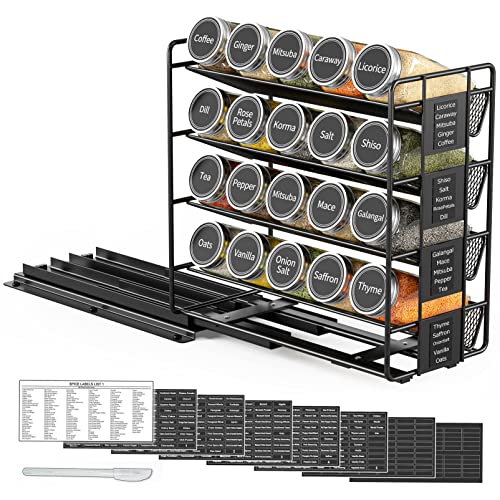 Pull Out Spice Rack Organizer with 20 Jars, Heavy Duty Slide Out Seasoning Organizer for Kitchen Cabinets, with 801 Labels and Chalk Marker, Left Facing - view 5