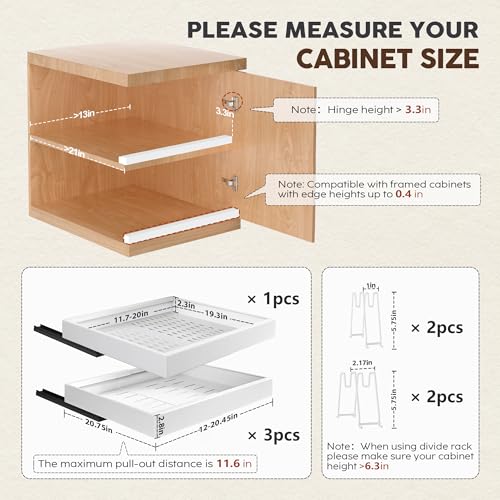 4Pack Expandable Pull Out Cabinet Organizer 21"Deep with Raising Pad for Framed Cabinets,Slide Out Drawers with 4pcs Divider Racks,Roll Out Shelves Adhesive,Adjustable Width 12.05"-20.4"White - view 4