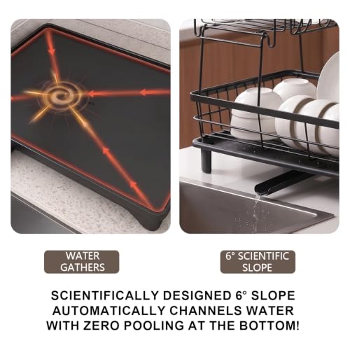 Space Saving 2 Tier Dish Drying Rack for Small Counter,Compact Kitchen Organizer with Drain Tray,Foldable Plate Rack and Cup Holder(Black) - view 4