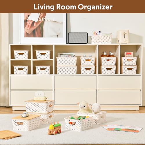 8 Pack Plastic Storage Bins with Bamboo Lids - Stackable Storage Baskets with Handle for Pantry Organizer and Storage, Plastic Containers Bins Lidded Storage Bins for Classroom Office Shelves - view 5