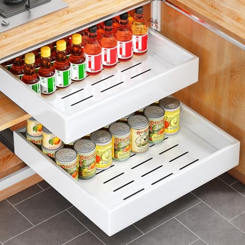 2Pack Pull out Cabinet Organizer, 21"Deep, 20"Wide Full-extension Heavy Duty Slide out Drawers Fixed with Adhesive Nano, Roll Out Shelves Sliding Cabinet for Kitchen,Bathroom,Pantry,Under Sink(White)