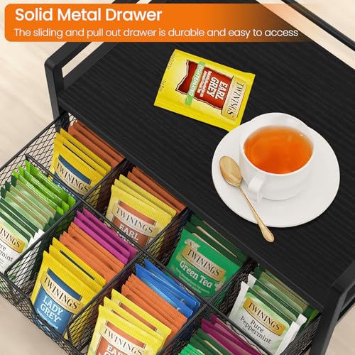 Wood Tea Bag Organizer, Teabag Holder with Drawer, Tea Organizers and Storage Box, 8 Compartments Tea Caddy Station Chests Display Container for Counter Kitchen, Black - view 6