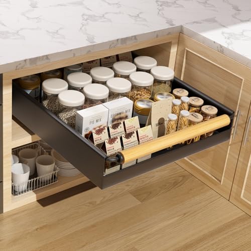 Pull Out Cabinet Organizer, 15.3'' Deep Expandable Slide Out Cabinet Organizer Fixed with Adhesive Nano Film, No Drill Slide Out Drawers Pull Out Tray for Cabinet in Kitchen, Pantry, Bathroom, Black