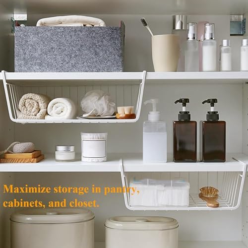 4 Pack White Under Shelf Wire Basket Hanging Storage Baskets, Under Cabinet Add-on Storage Racks Slide-in Baskets Organizer for Kitchen Pantry Desk Bookshelf - view 6