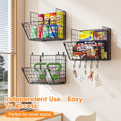 Metal Wire Basket Wall Mount, 3 Tier Wall Storage Organizer with 5 S Hooks, Kitchen Fruits and Vegetables Bin Toys Organizer Hanging Basket Black (S (10.83" L x 10.63" W x 30" H)) - view 6
