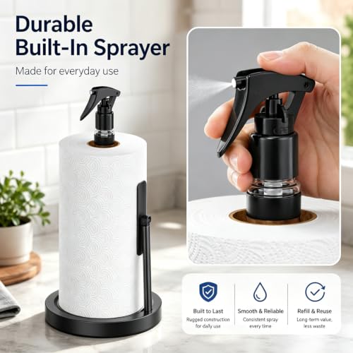 Paper Towel Holder with Spray Bottle Holder, One-Hand Tear Design, Black - view 5