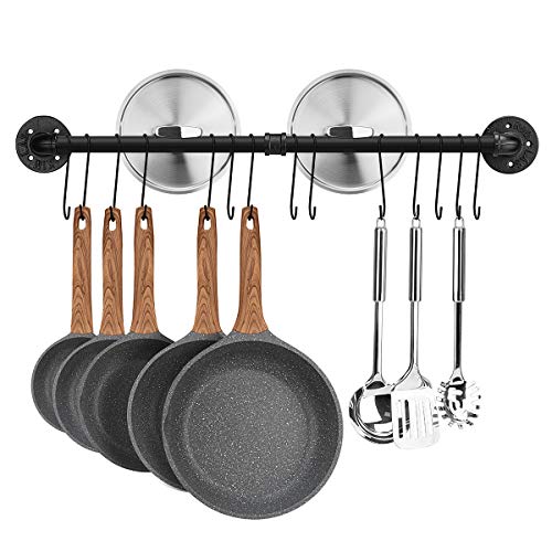 31.5 inch Pot Rack, Kitchen Wall Mounted Detachable Pan Lid Utensils Organizer Hanging Rail with 14 Hooks, Black