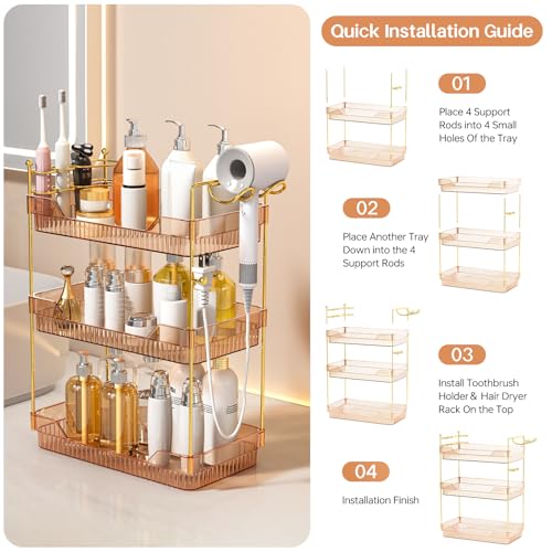 3-Tier Bathroom Countertop Organizer - Amber Acrylic Vanity Trays with Hair Dryer & Toothbrush Holder - Luxury Skincare, Perfume & Makeup Storage Rack for Countertop, Dresser & Cabinet - view 5