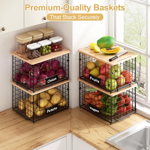2-Pack Stackable Wire Baskets with 2 Pads & Bamboo Top, Pantry Organizer - view 2