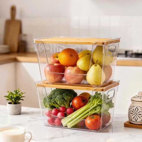 2 Set Pantry Organizers and Storage with Bamboo Lids, Stackable Clear Bins for Onion, Potato, Fruit, Vegetables, Trash Bag Dispenser, Kitchen and Under Sink Organizer - view 3