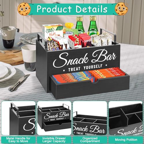 Snack Organizer for Countertop, Wood Pantry Storage Bins with Handles, Snack Bar Organizer for Kitchen, Office, 4 Compartment Food Container Snack Box with Drawer, Pantry Organizer for Chips, Candy - view 6