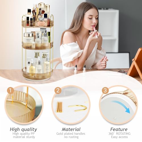 360 Rotating Makeup Organizer, 3 Tier Vanity Counter Storage (Gold) - view 4