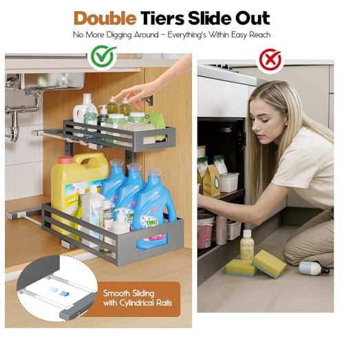 2-Pack Under Sink Organizers and Storage,2-Tier L Shape Pull Out Cabinet Organizer With Round Tube Slide Rails,Hight Adjustable Slide Out Drawers for Kitchen&Bathroom,Multi-Purpose Storage Shelf-Gray - view 3