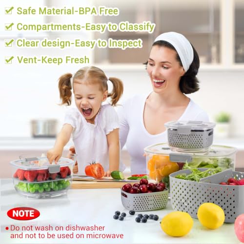 Fresh Produce Vegetable Fruit Storage Containers 3Piece Set, BPA-free Fridge Storage Container, Partitioned Salad Container, Fridge Organizers, Used in Storing Fruits Vegetables, Gray - view 3