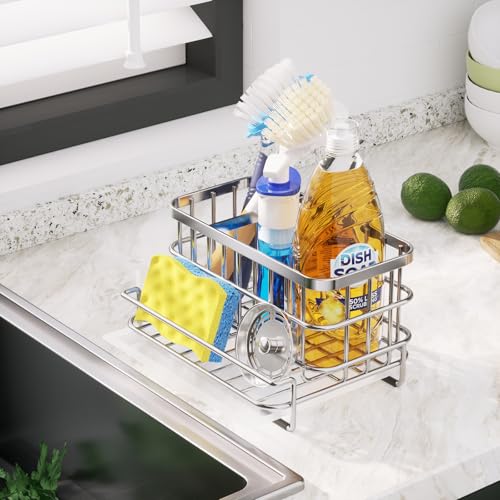 Kitchen Sink Organizer, SUS304 Stainless Steel Rustproof Multifunctional Large Sink Caddy with Sponge Holder and Drain Tray for Kitchen Countertop (Silver) - view 5