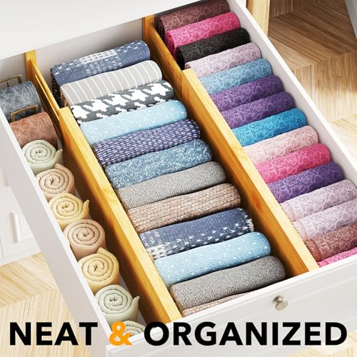 Bamboo 4 Pack Dresser Drawer Dividers, 4.65“ High Adjustable 17“-22” Drawer Organizers, Expandable Organization for Clothing, Clothes, Dressers, Natural - view 2