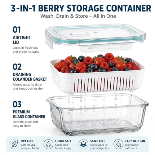 2 Pack 56oz Glass Berry Container for Fridge,with Removable Colander and Vent Valve,Fresh Fruit and Vegetable Storage Set - view 3