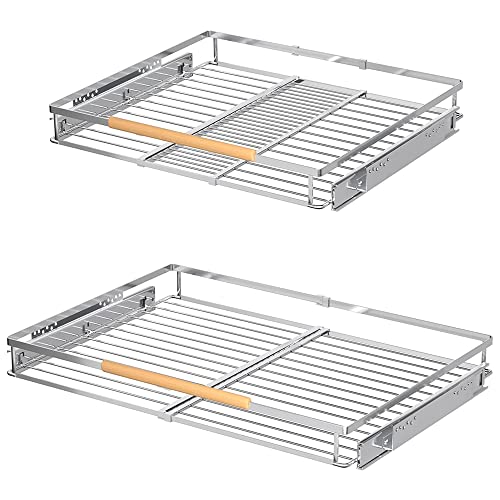 Pull Out Cabinet Shelf, Slide Out Cabinet Organizer Heavy Duty Under Sink, Anti Rust Kitchen Organizer Basket, Smooth Roll Expandable Sliding Drawer, 2 Pack Chrome 15.9''-26.2''