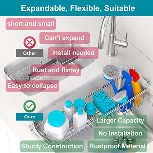 Over the Sink Caddy, Expandable Stainless Steel Sponge Holder for Kitchen Sink, 14.5-22 in Sink Organizer Rack for Sponge, Soap, Brush, Dish Cloth and Rag, Rust-Resistant Drying Holder - view 5