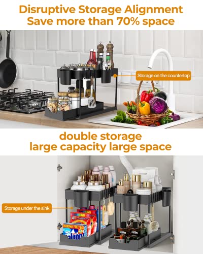 2 Pack Under Sink Organizers and Storage Bathroom, 2 Tier Under Sliding Kicthen Cabinet Basket Organizer with Hooks, Hanging Cup, Dividers, Handles, Multi-purpose Under Sink Shelf Organizer, Black - view 6