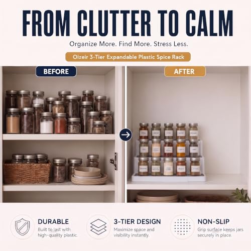 Plastic 3-Tier Expandable Spice Rack, Adjustable Length, Stability with Non-Skid Shelf, For Easy Visibility, Organizer for Kitchen Cabinet, Pantry or Countertop, (2-Pack), White/Grey - view 4
