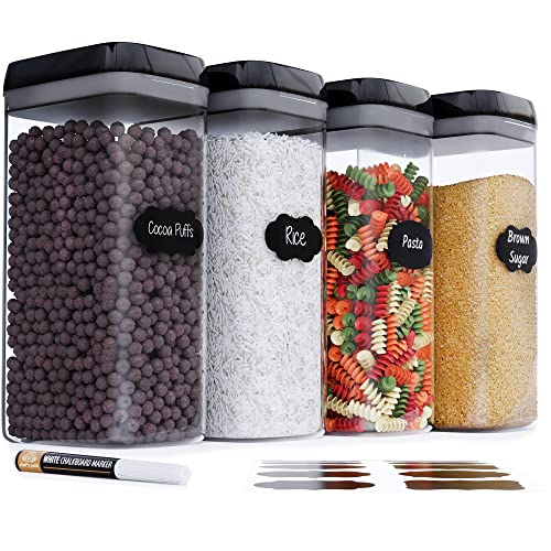 Airtight Food Storage Boxes with Labels - Kitchen Storage - Flour, Cereal, Pasta - Plastic Storage Boxes with Lids (4pcs-3.2L)