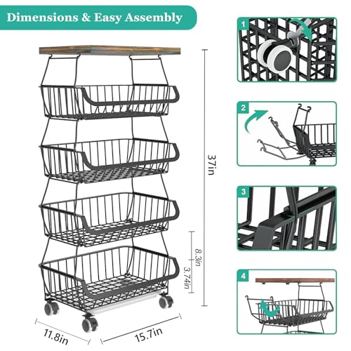 Fruit Basket with Wooden Lid for Kitchen, 5-Tier Stackable Wire Fruit Vegetable Storage Basket Organizer Stand on Wheel, Produce Basket Potato Onion Storage Bins Rack Cart for Pantry - view 5