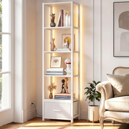 6 Tier 60.6" Tall Bookshelf with Storage and LED Light, White