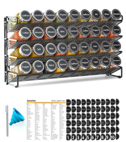 Spice Rack Organizer with 36 Spice Jars, 386 Spice Labels, Chalk Marker and Funnel Set for Cabinet, Countertop, Pantry, Cupboard or Door & Wall Mount - 36 Jars, 17.2" W × 10.8" H, Black