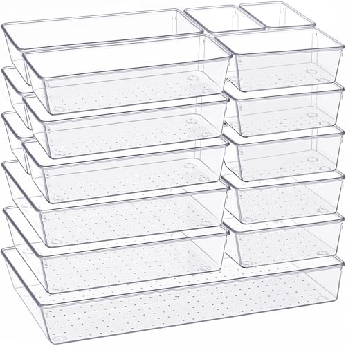 Drawer Organizer, 18 Pack Large Clear Plastic Kitchen Drawer Organizers Set, 6 Size Versatile Bathroom and Vanity Drawer Organizer Trays, Storage Bins for Makeup, Bedroom, Kitchen Utensils