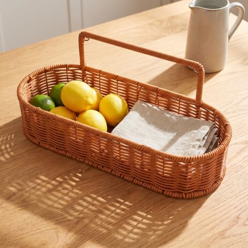 Oval Wall Hanging Woven Basket Bin with Handle, Brown PP Iron Organizer - view 7