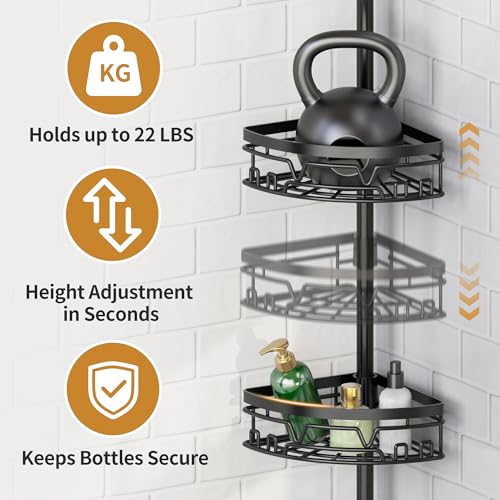 Tension Pole Shower Caddy with Towel Bar - Corner Shower Caddy, Black - view 3