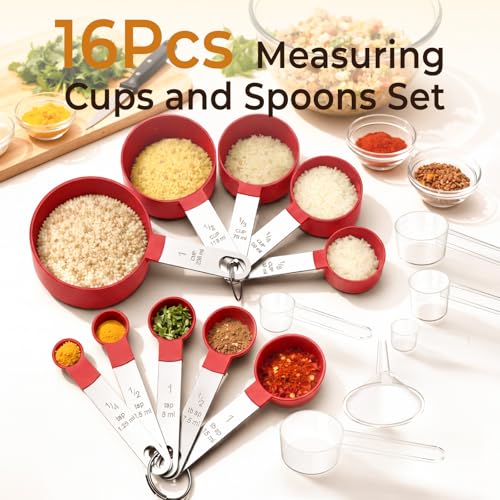 16PCS Measuring Cups and Spoons Set, Measuring Spoon Set with Metric and US Measurements, Fits for Measuring Dry and Liquid (Red) - view 2