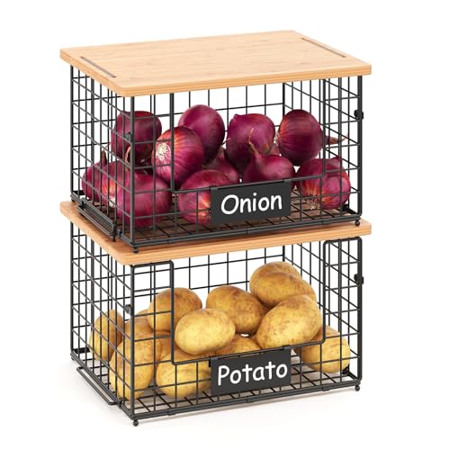 2-Pack Stackable Wire Baskets with 2 Pads & Bamboo Top, Pantry Organizer