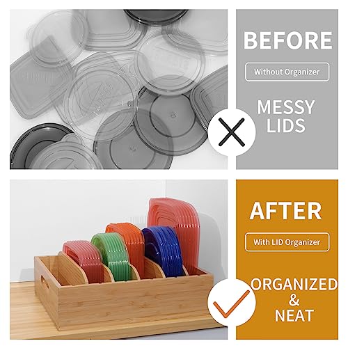 Bamboo Lid Holder Food Container, Kitchen Organizer with 5 Adjustable Dividers, Cabinet Organizer for Food, Kitchen Gadget, Container Lids (2pcs) - view 5