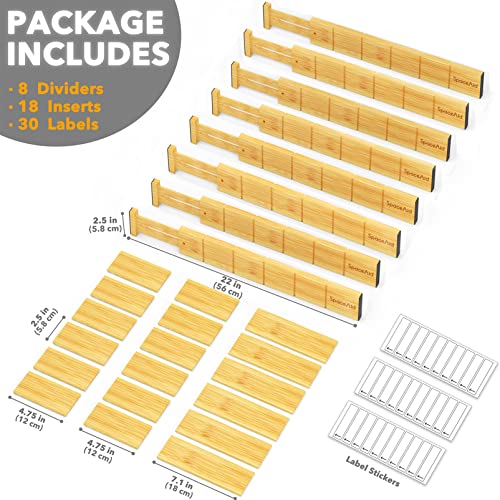 Bamboo Drawer Dividers with Inserts and Labels, Kitchen Adjustable Drawer Organizers, Expandable Organization for Home, Office, Dressers and Bathroom, 8 Dividers with 18 Inserts (17-22 in) - view 3