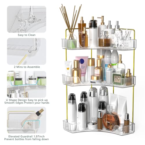3-Tier Corner Bathroom Counter Organizer, Gold Metal Frame, Clear - view 4