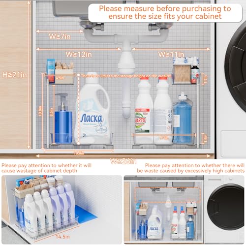 2 Pack 14.6″ Deep Pull Out Under Sink Organizer,10.8″ High 2 Tier Slide Out Cabinet Organizer for Kitchen Cabinet,Undersink Organizers,Under Sink Shelves,Bathroom Organizers and Storage,Clear - view 3