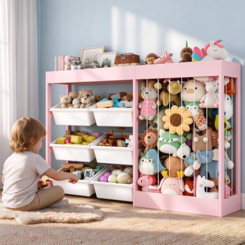 VontinT 50.6"W Toy Organizers and Storage with Stuffed Animal Zoo, Wooden