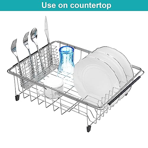 Expandable Dish Drying Rack Over Sink, Rustproof Stainless Steel Basket Shelf, Multifunctional Dish Drainer Organizer with Utensil Cutlery Holder - view 3