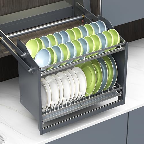 Smart Dish Rack- Pull Down Shelf Electric Lifting System, Pull Down Cabinet Organizer for Upper Cabinet, Touch Switch Kitchen Rack with Removable Drainboard,20.67" H x 22.2" W, Grey - view 4