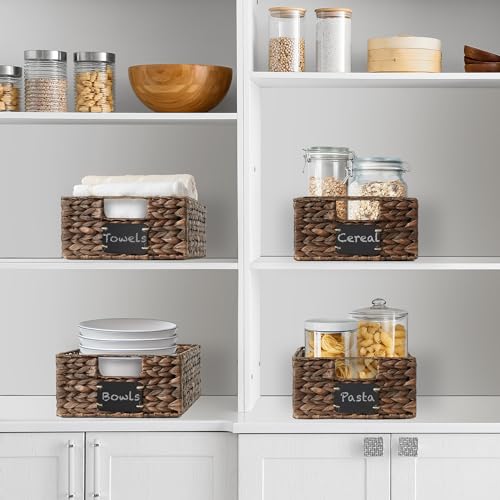 Set of 4 Water Hyacinth Pantry Baskets, 10" x 13" x 5", with Chalkboard Labels and Chalk Marker - Espresso, Woven Storage Bin Organizers for Kitchen Shelves - view 2