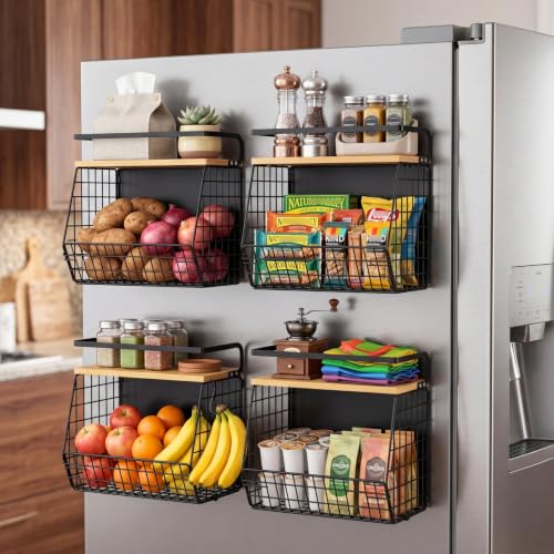 Magnetic Shelf for Fridge with Wood Lid, Fruit Potato and Onion Storage Bins, Pantry Organizers & Storage, Large Container Magnetic Spice Rack for Refrigerator, Kitchen Counter (Black, 1) - view 2