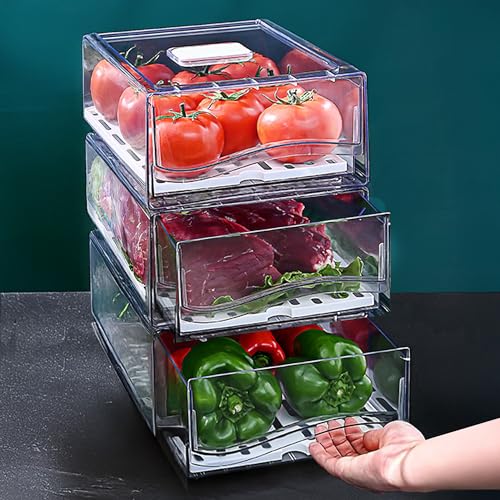 Fridge Organizers and Storage, BPA-Free Large Capacity Stackable Clear Fridge Organizer, With Strainer Layer Keep Fruits, Vegetables and Meat Fresh in refrigerator, freezer, Food Storage (2 Drawers)