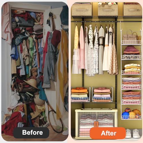 6 Tier Closet Hanging Organizer, Clothes Hanging Shelves with 4 Hanging Hooks 5 S Hooks, Wire Storage Basket Bins, for Clothing Sweaters Shoes Handbags Clutches Accessories Patent - view 6