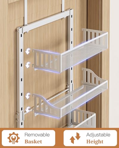 Over the Door Pantry Organizer 8-Tier, Large Metal Door Spice Rack with Adjustable Basket, 2 in 1 Wall Mount or Hanging Heavy-Duty Pantry Door Storage Shelf for Kitchen and Bathroom, White - view 5