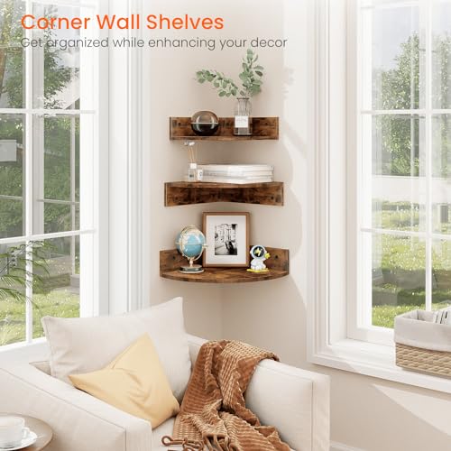 Corner Shelf Wall Mount, Set of 3 Floating Corner Shelves with Cord Hole, 3 Tier Wood Wall Display Shelf, Storage for Bathroom Living Room Kitchen Bedroom, Rustic Brown and Black - view 4
