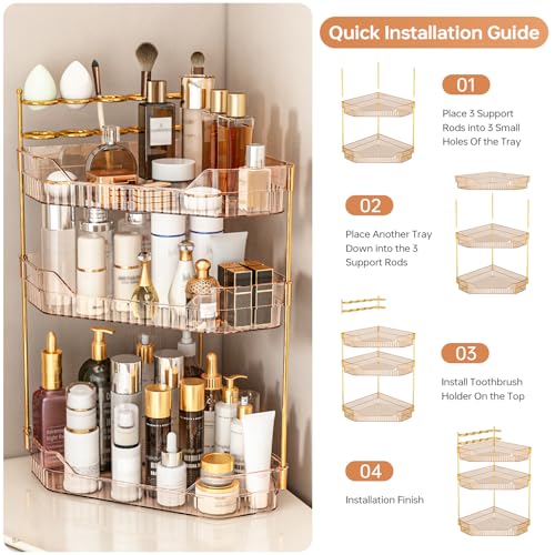 Corner Bathroom Counter Organizer with Makeup Brush Holder & Toothbrush Holders, Makeup Organizer for Vanity Countertop, Acrylic Skincare Storage Shelf (Amber, 3-Tier) - view 6